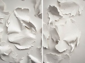 Angèle Guerre, plasticienne, 2018, « Les Mues ». Papiers incisés au scalpel et clous. Les mues sont des formes mutantes tirées du travail « Tendre texte ». Ce sont des peaux de papier presqu’animales. Épinglées là, elles dansent.