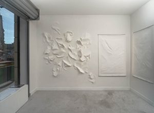 Angèle Guerre, plasticienne, 2018, « Les Mues ».  Papiers incisés au scalpel et clous. Vue de l’exposition « Quand soudain », Galerie Graphem, avril 2018. Les mues sont des formes mutantes tirées du travail « Tendre texte ». Ce sont des peaux de papier presqu’animales. Épinglées là, elles dansent.
