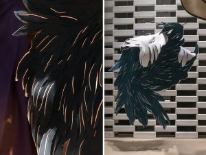 Angèle Guerre, artiste plasticienne, septembre 2020, « La chute suspendue », installation inspirée du mythe d’Icare, boutique Shang Xia, Hermès Group, 8 rue de Sèvres, Paris. La chute d’Icare est suspendue, devient éclosion, les ailes se déploient dans l’espace. détails © Jacques Philippot
