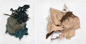 Angèle Guerre, plasticienne, novembre 2021, « Les corps sauvages », cuir, papier et métal, dimensions variables.