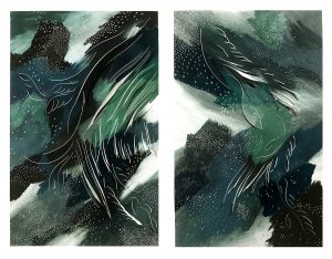 Angèle Guerre, plasticienne, 2023 « Vert Trouble IV » et « Vert Trouble III », papiers incisés au scalpel et pastel, dimensions 120 x 80cm  