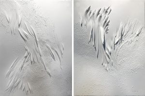 Angèle Guerre, plasticienne, 2023 « Tendre Texte XV » et « Tendre Texte XIV », papiers incisés au scalpel, dimensions 60 x 80cm  