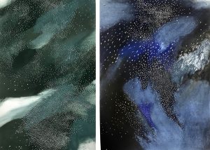 Angèle Guerre, plasticienne, 2023 « Vert Trouble I » dimensions 120 cm x 80 cm, « Petite mer IV » dimensions 80 cm x 60 cm, papiers incisés au scalpel et pastel