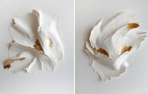 Angèle Guerre, visual artist, 2018, “Nu Orné”, dimensions 34 x 74 cm. Scalpel incisions on paper and gold leaf. These scalpel-sculpted papers, made for the Parklane  Hotel in Cyprus, have been enhanced with gold leaf, points of light and reliefs.