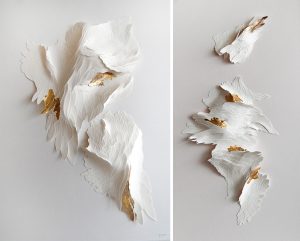 Angèle Guerre, visual artist, 2018, “Nu Orné”, dimensions 34 x 74 cm. Scalpel incisions on paper and gold leaf. These scalpel-sculpted papers, made for the Parklane Hotel in Cyprus, have been enhanced with gold leaf, points of light and reliefs.