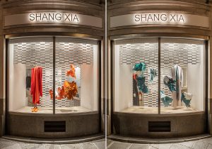 Angèle Guerre, visual artist, September 2020, « La chute suspendue », installation inspired by the myth of Icarus, Shang Xia, Hermès Group, store, 8 rue de Sèvres, Paris. The fall of Icarus is suspended, becomes hatching, the wings spread out in space. © photos Alex Jonas