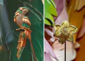 Angèle Guerre, visual artist, November 2025, ‘Ode to Nature by Van Cleef & Arpels’, Galerie du Patrimoine, 20 Place Vendôme, Paris. Designed as a miniature theatre, the decors unfold like an immersive scenography, composed of abstract plant forms in leather, paper and pastel. © Van Cleef & Arpels
