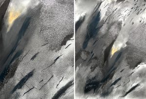 Angèle Guerre, visual artist, Conscious exhibition, “Ce que l’on entend de la fin du jour”, Paris, January 2026. “Vertiges, un soir IV”, dimensions 150 x 107 cm, pastel and incisions on paper, graphite pencil