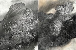 Angèle Guerre, visual artist, Conscious exhibition, “Ce que l’on entend de la fin du jour”, Paris, January 2026. “Vertiges, un soir VI”, dimensions 30 x 40 cm, “Vertiges, un soir VII”, dimensions 30 x 40 cm, pastel and incisions on paper, graphite pencil