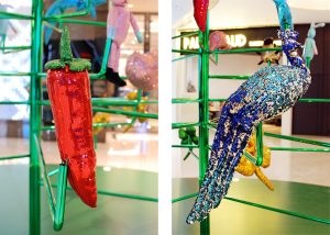 Christmas 2017 – “Lucky charms tree” – textile sculptures on a green chrome structure.