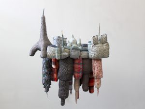 Emilie Faïf, visual artist, 2010, textile sculpture “Paris-New York” for Isabel Marant windows. Dimensions: 140 x 100 x 140 cm.
