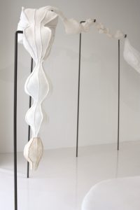 Emilie Faïf, visual artist, 2012, textile installation as part of the collective exhibition “Lactescences”, organized by Milk Factory, Paris.