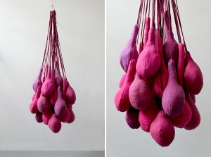 Emilie Faïf, plastic artist, September 2023, textile installation, recycled fabrics, Elitis, Paris. For this occasion, Emilie Faïf creates a new textile installation composed of a generous and joyful accumulation of organic forms.