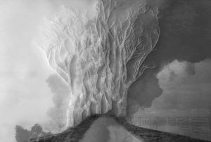 Juliette-Andréa Elie, Là où buissonnent les ombres, superposition of photographic prints on Pergamano and Fine Art paper, drypoint sculpted reliefs, graphite, 2023, 60 cm x 40 cm, original piece