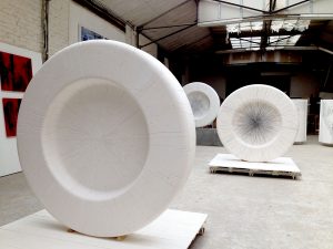 Nicolas d’Olce, Epicentre I and II, plaster, hemp, engraving, 2022, Ø 120 cm x 20 cm, original piece