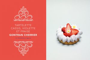 ‘Crème de la Crème : European cream and European pastries’. Blackcurrant tartlet, violet, strawberry, by Gontran Cherrier.