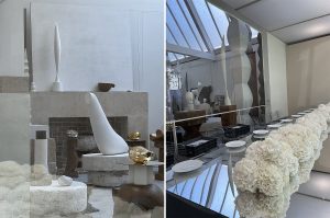 Marianne Guedin, vegetal installation for De Beers, July 2022, Atelier Brancusi, Paris. The white hydrangeas are articulated all along the table at the Atelier Brancusi, like a suspended cloud. When night comes, the flowers light up.