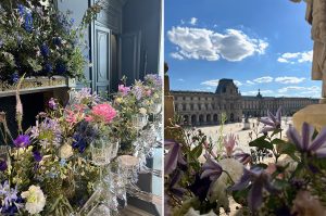 Marianne Guedin, vegetal creation for the David Yurman diner at the Louvre, July 2022, Paris. Marianne Guedin has imagined a floral creation inspired by the pure French tradition. The flowers chosen are sophisticated and the setting very luxurious, to echo the splendour of the flats of Louis XV. The blue, white, red and pink colours are a nod to the French and American flags.