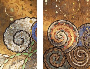 The murals are a living décor, playing with champagne bubbles represented by circular gold tesserae floating over the seashells and shellfishes, images of sea life.