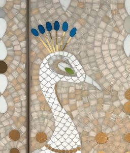 Mathilde Jonquière, mosaic artist, may 2019, Cartier Serrano store, Madrid. The peacock, living in Campo del Moro Royal Garden, reminds of the timeless figure of a woman confident in her nobility, the royal city and gardens, and Cartier’s jewellery collections.