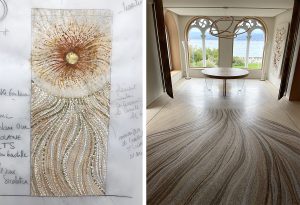 Mathilde Jonquière, mosaic artist, September 2021, mosaic floor, private residence, Geneva. Mathilde Jonquière has chosen the jellyfish to cover the floor of a villa in Switzerland. Mathilde Jonquière elaborates and weaves more and more in her work the animal motive to insufflate in her aesthetic research the energy of the living and its movement.
