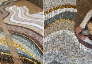Mathilde Jonquière, mosaic artist, March 2025, 3.55 m x 2.75 m mosaic fresco for the Cartier store Dubai. © Noémie Graciani 