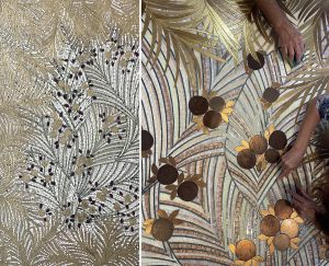 Mathilde Jonquière, mosaic artist, october 2025, “Orangeraie” mosaic artwork, dimensions 110 x 210 cm for the Salon des Nouveaux Ensembliers at Mobilier national, in collaboration with OUD architecture. © Alexis Armanet