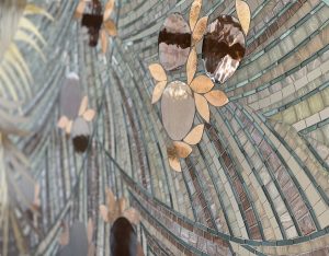 Mathilde Jonquière, mosaic artist, october 2025, “Orangeraie” mosaic artwork, dimensions 110 x 210 cm for the Salon des Nouveaux Ensembliers at Mobilier national, in collaboration with OUD architecture. © Alexis Armanet