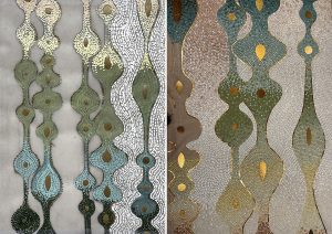 Mathilde Jonquière, mosaic artist, March 2026, 2200 x 1630 mm mosaic fresco for a private apartment, work in progress, Paris. Facing the Jardin du Luxembourg, in a bright apartment, Mathilde Jonquière has designed a mosaic fresco that adorns the intimate space of the bathroom.