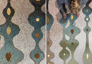 Mathilde Jonquière, mosaic artist, March 2026, 2200 x 1630 mm mosaic fresco for a private apartment, work in progress, Paris. The fresco, composed of sinuous, fluid, and organic shapes, is directly connected to the atmosphere, the sun’s rays, and the rain.