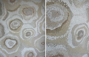 Mathilde Jonquière, mosaic artist, february 2026, Roses Jean Mus mosaic fresco, 2,15 m x 2,75 m, Moon River private residency, Théoule-sur-mer 