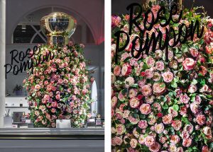The third chapter of the Rose Pompon story puts an emphasis on the main ingredient used in the fragrance, the rose : oversized, monumental, the iconic bottle is covered with roses larger than life, blossoming in the windows of the boutiques, attracting the eye of the passerby. Photo © Géraldine Bruneel.