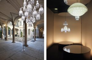 Soline d’Aboville invites visitors into a story made of several luminous scenes, like an educational parcours into the world of the famous light brand. Baccarat made it grand as it commissioned 8 famous designers to create pieces for the show.