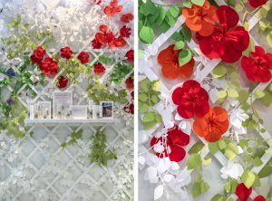 November 2018 – POP-UP STORE – Carole G. Inspired by the flowered gardens, Soline d’Aboville highlights the Florathérapie Dermique collection developped by Carole Geraci in a happy and kind environment : a white treillis covered by paper flowers and the lawn in the ground enhance the products, and an arbor is framing the sitting zone.