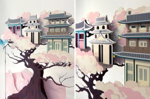 Soline d’Aboville, scenographer, April 2026, creation of window displays for Vacheron Constantin, Watches & Wonders 2026, Geneva. For the occasion, Soline d’Aboville created and produced nine dioramas made of colored paper, bringing to life the unique world of illustrator Shan Jiang, orchestrator of this 2026 campaign.