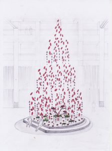 Sketch of the project “A Year of Something New” for Landmark Hong Kong. 
William Amor’s wishes to alert the visitors about their consumption of thrown materials, which produce a lot of pollution. Upcycling artist. 