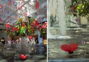 Falling from the ceiling, the creepers overhang six “garden blocks” floating above the fountain water of the Landmark Mall – Hong Kong – June 2018. Upcycling artist. 