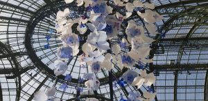 William Amor, upcycling artist, Revelations fair, Grand Palais, Paris, May 2019. Suspended installation. 2.50 m high by 90 cm diameter.