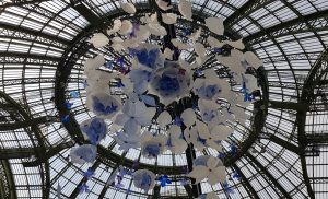 William Amor, upcycling artist, Revelations fair, Grand Palais, Paris, May 2019. Suspended installation. 2.50 m high by 90 cm diameter.