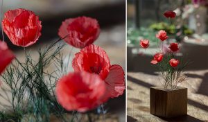 April 2019. GUILTLESS PLASTIC – Ro PRIZE – ROSSANA ORLANDI – Milan Design Week. Poppies on wooden base, height 20-25 cm