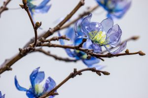 William Amor, upcycling artist, Creation of five sculptures “Métamorphoses arborescentes” made from plastic waste for Havas, Paris, December 2022. Floral ornaments made from recycled plastic, mounted on a varnished and resined plane tree branch, solid oak base, dimensions 185cm x 170cm