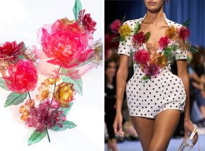 William Amor, upcycling artist, BALMAIN ROSES GARDEN, Creation of 2 ornemented sculptures for 2 looks of the RTW Spring/Summer 2024 collection by olivier ROUSTEING. Ennoblement of waste plastic bottles & stray oil bottles, beached fishing net – Mounting on sculpted brass, Paris, September 2023.