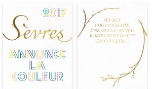 La célèbre manufacture de Sèvres confie sa carte de voeux à Ich&Kar et place 2017 sous le signe de la couleur. Les graphistes déploient les lettres végétales de la manufacture pour célébrer la nouvelle année et annoncer l’exposition  » L’expérience de la couleur « .