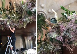 Marianne Guedin, installation végétale, septembre 2021, restaurant CoCo de l’Opéra Garnier, Paris. Création de nuages de fleurs et feuilles inspirée par Gatsby le Magnifique.