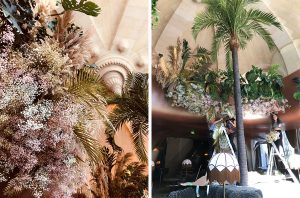 Marianne Guedin, installation végétale, septembre 2021, restaurant CoCo de l’Opéra Garnier, Paris. Création de nuages de fleurs et feuilles inspirée par Gatsby le Magnifique.