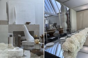 Marianne Guedin, installation végétale pour De Beers, juillet 2022, Atelier Brancusi, Paris. Les  hortensias blancs s’articulent tout au long de la table à l’atelier Brancusi, tel un nuage en apesanteur. Quand la nuit arrive, les fleurs s’illuminent.