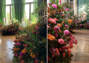 Marianne Guedin, installation végétale « Collines fleuries », octobre 2022, pour la présentation de la nouvelle collection SS23 de la maison Roger Vivier, Fondation Simone et Cino Del Duca, Paris.