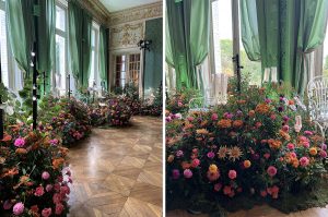 Marianne Guedin, installation végétale « Collines fleuries », octobre 2022, pour la présentation de la nouvelle collection SS23 de la maison Roger Vivier, Fondation Simone et Cino Del Duca, Paris.