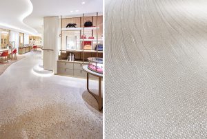 Mathilde Jonquière, artiste mosaïste, décembre 2020, Sol en mosaïque 77m2, boutique Cartier, rue du Faubourg Saint-Honoré, Paris. A l’occasion de la rénovation de la mythique boutique Cartier de la rue du Faubourg Saint-Honoré à Paris l’architecte Bruno Moinard, 4BI&Associés a fait appel à Mathilde Jonquière pour la création du sol en mosaïque de marbre. © photo Olivier Saillant