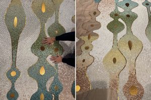 Mathilde Jonquière, artiste mosaïste, mars 2026, fresque en mosaïque de 2200 x 1630 mm pour appartement privé, work in progress, Paris. Face au Jardin du Luxembourg, dans un appartement baigné de lumière, Mathilde Jonquière imagine une création murale en mosaïque déployée dans l’espace intime de la salle de bain.